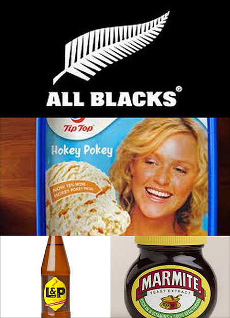Símbolo de los All Blacks con la hoja de silver fern dibujada, helado de hokey pokey de la marca Tip Top, refresco L&P y Marmite